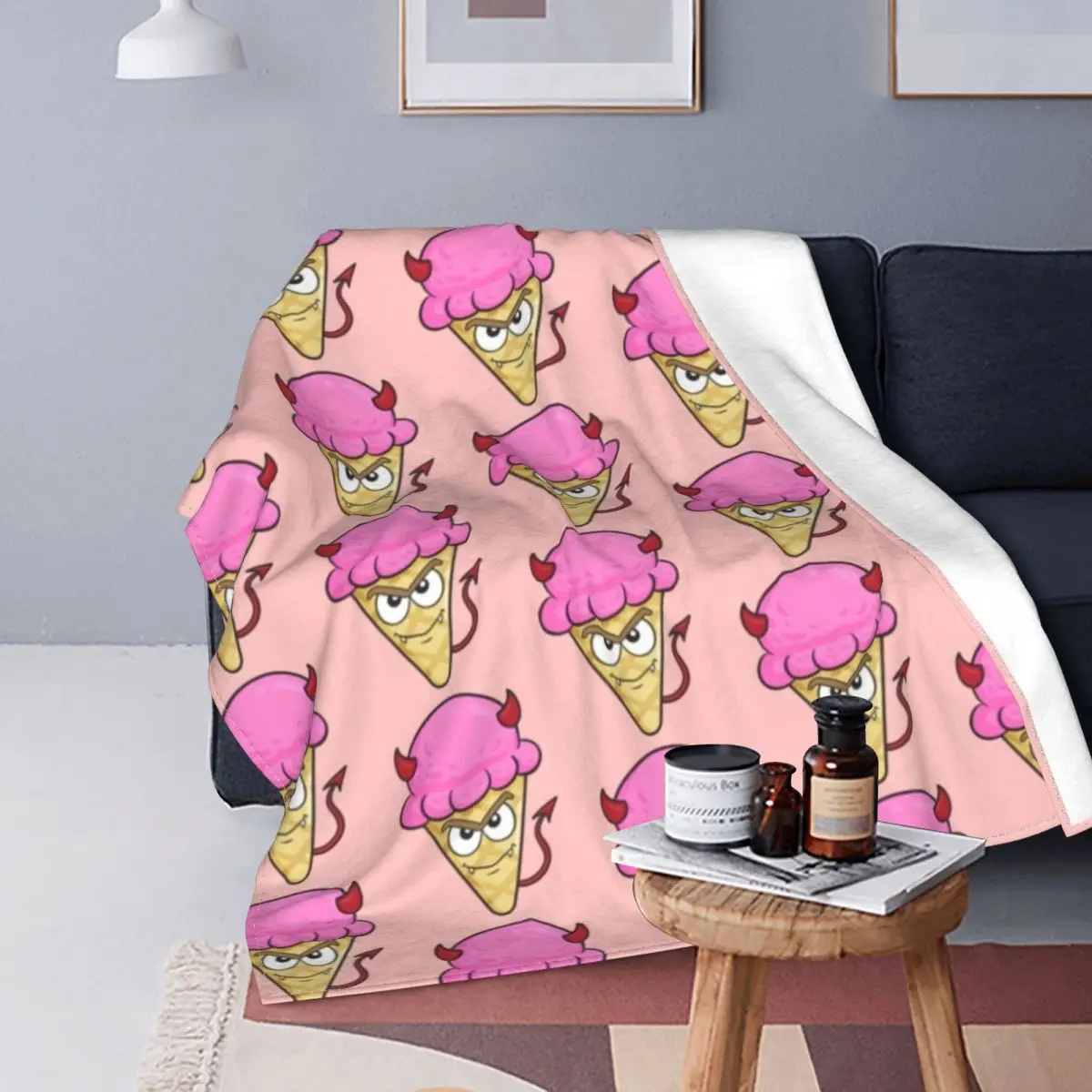 

Funny Ice Cream Blanket Devil Print Soft Cheap Bedspread Comfy Fleece Armchair Blanket