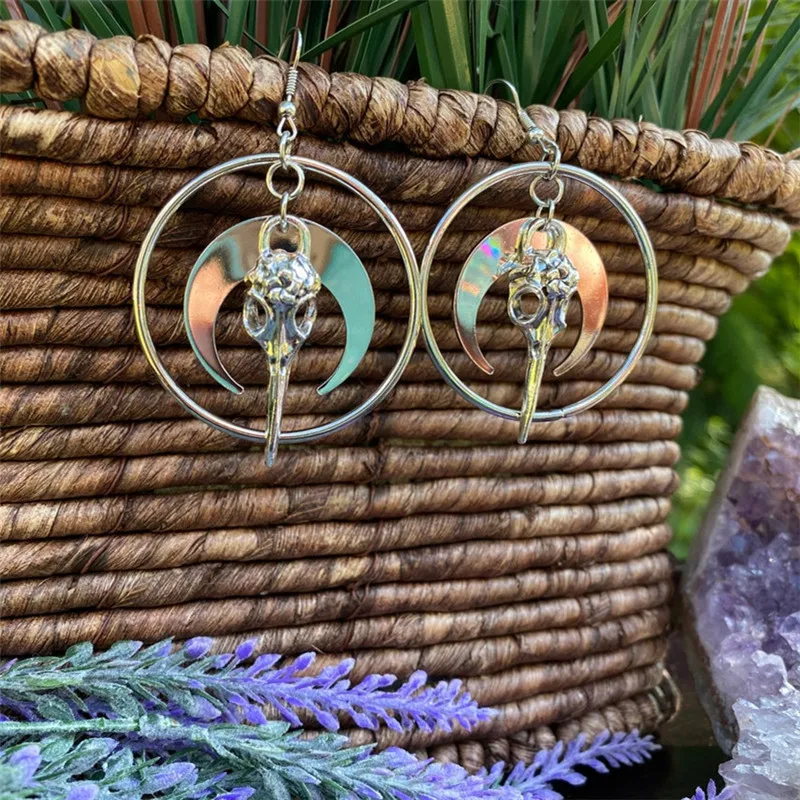 

Moon and Skull Earrings Silver Moon Witch Crow Bird Skull Witch Gothic Gothic Pendant Earrings