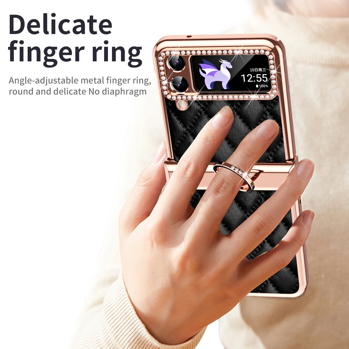 For Samsung Galaxy Z Flip 4 5G Case Flash Electroplated Plain Leather Finger Bracket Folding Hingle Shockproof Cover Accessory
