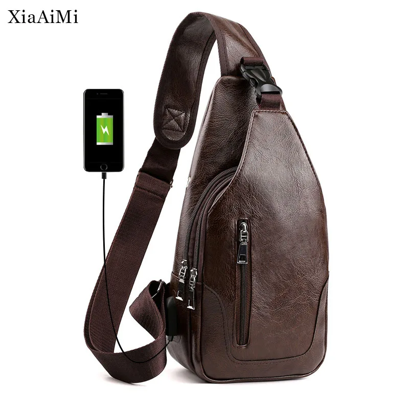 Men'S Double Zipper Large Capacity Chest Bag Fashion Casual Outdoor Sports Shoulder Bag Brown Messenger Bag
