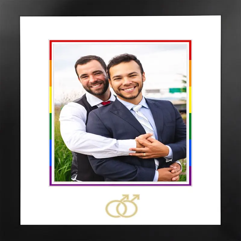 

LGBTQ Pride Wedding 8x10 Portrait Frame with White & Rainbow Mat - LGBT Gold Interlocking Man