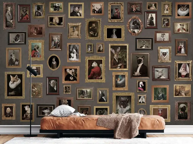 

ANIMALS WALLPAPER, PEEL Stick Wallpaper, Cute Animals In Frames With Clothes Wall Decorations Adhesive Wallpaper, Modern Wallpap