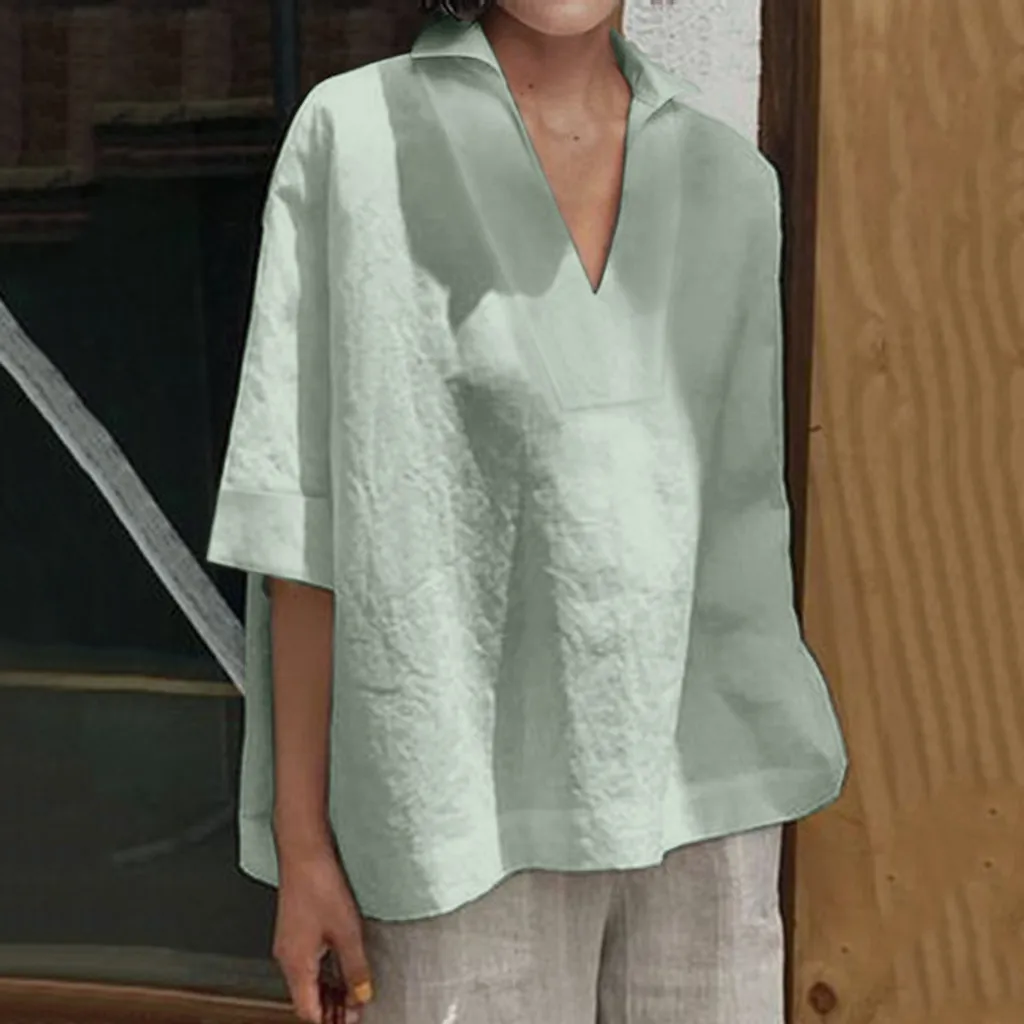 

Turn Down Collar V Neck Cotton Line Shirts Elegant Ladies Half Sleeves Loose Casual Women Blouse Summer Plus Size Sweatshirts