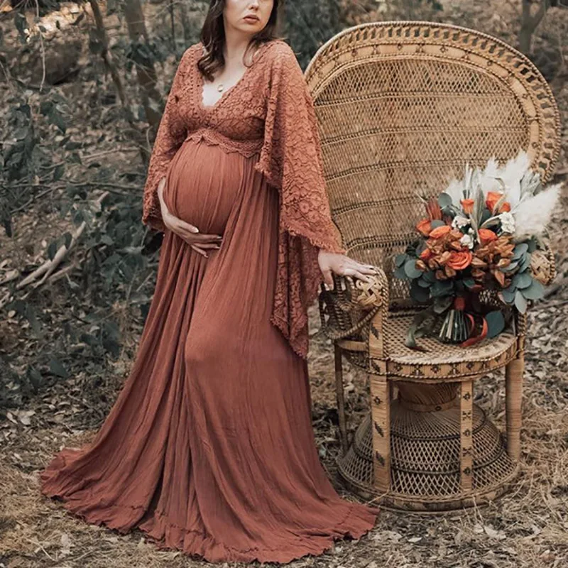 

Maternity Dress for Photo Shoot Fluffy Wide Hem Lace Dress for Photography Solid Color Full Length V-neck Big Swing Maxi Dress