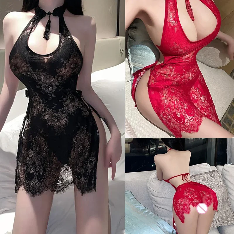 Секс-платье с висячим вырезом и глубоким V-образным восходящий Cheongsam кружевная