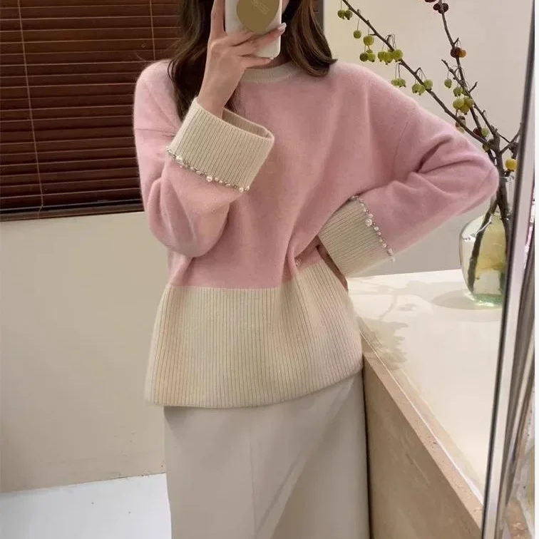 Винтажный свитер с цветными блоками женский дизайн чувственный рукав