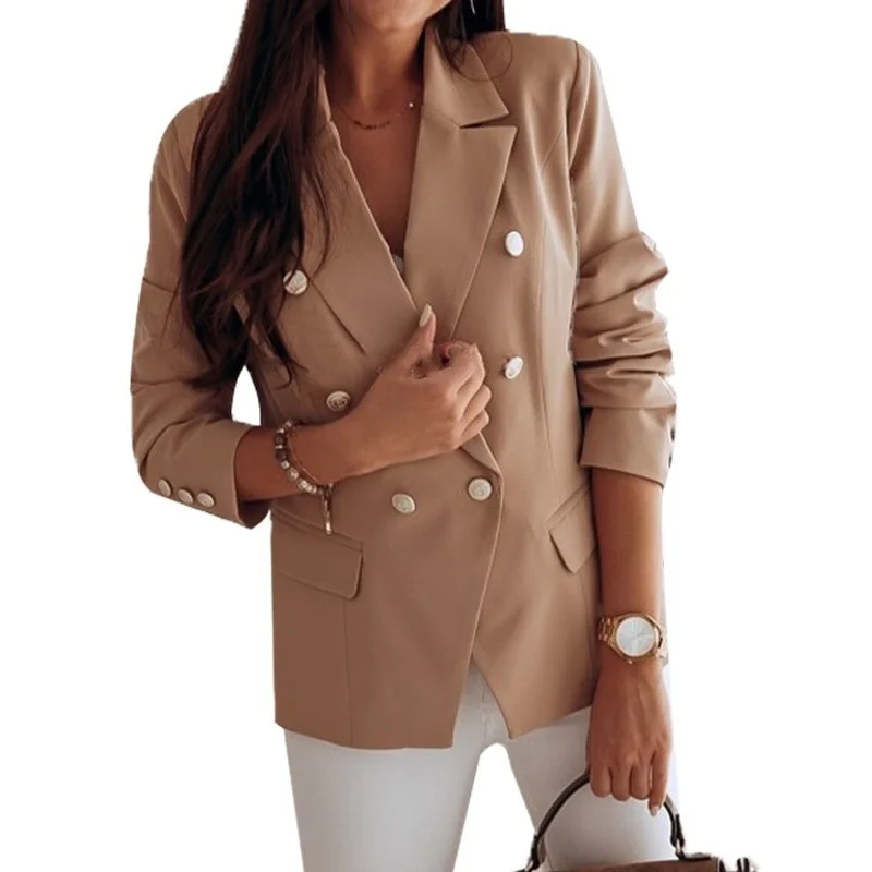 Fashion Casual Office Blazer with Metal Button 2021 Women Solid Colors Double Breasted Commute Blazer Plus Size Formal Clothing