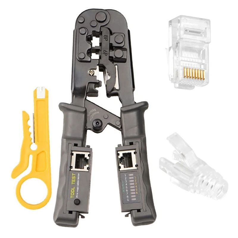 

Multifunctional Network Cable Pliers Set Rj45 Crystal Head With Tester Network Tool Wire Stripper With Six Crystal Heads