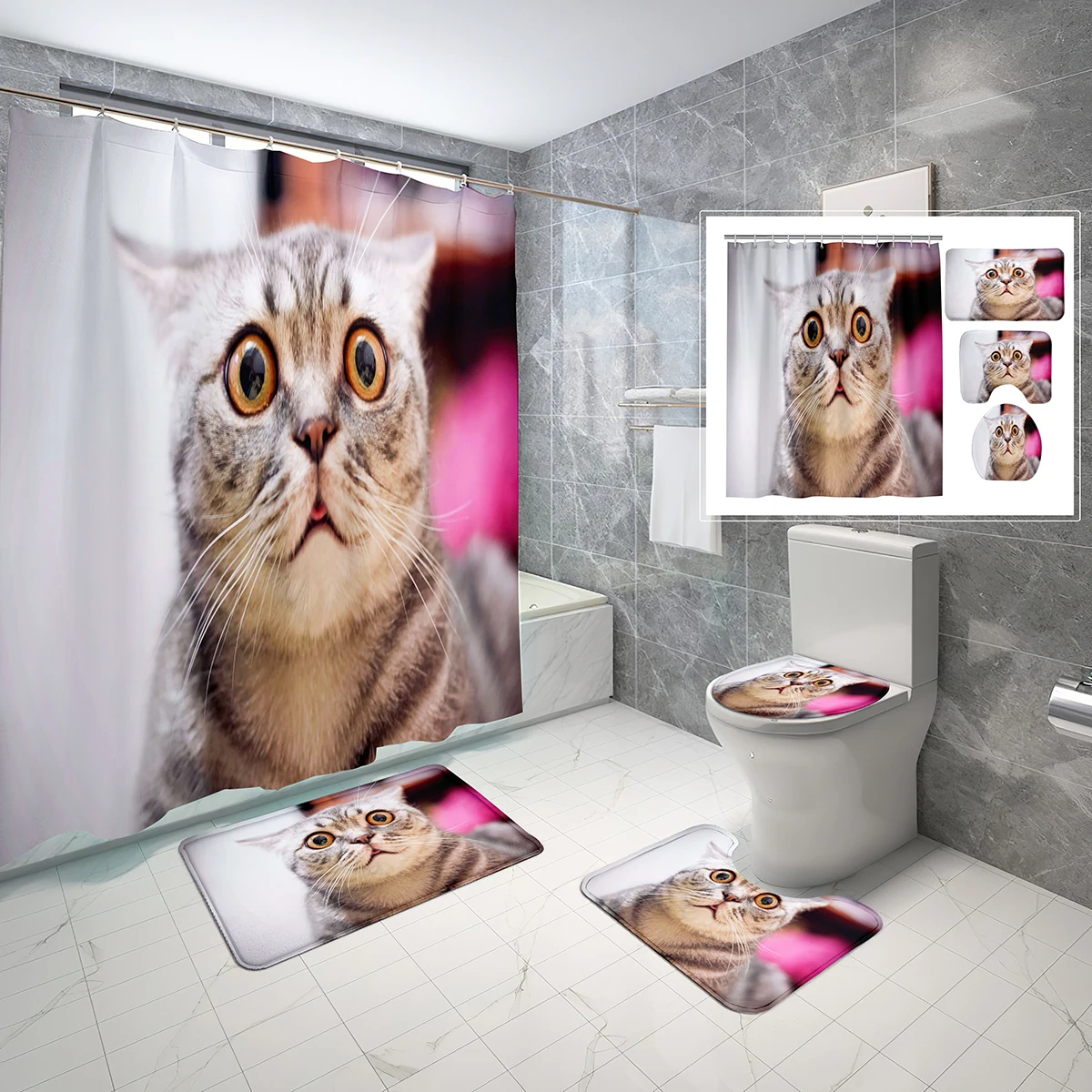

4 шт. 3D занавеска для душа в виде милого кота, котенок, животные, ванная комната, нескользящий коврик для ванной, чехол для унитаза, занавеска для душа, набор, декор для ванной комнаты
