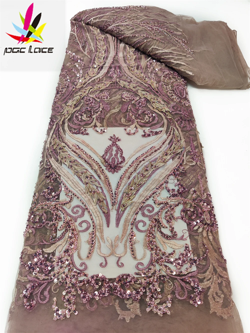 

PGC Nigerian Handmade Beaded Tulle Lace Fabrics 2022 High Quality Luxury African French Tulle Lace Material For Party YA5065B-6