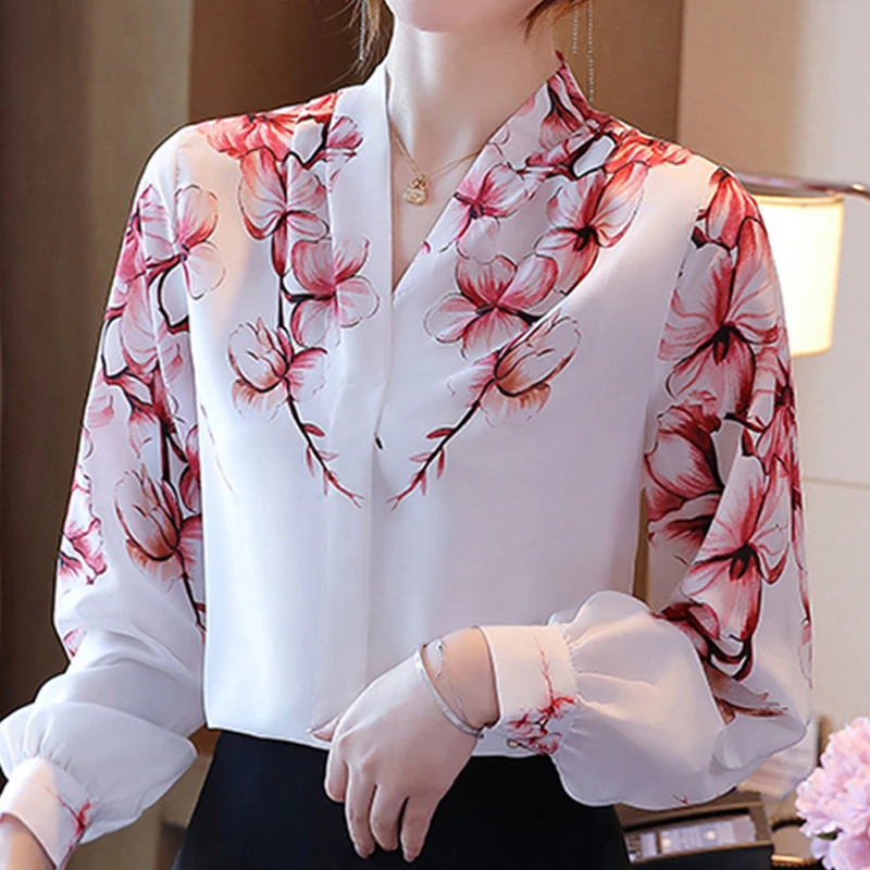

2022 V-Neck Print Chiffon Sleeve Women Blusas Shirt Women Tops Blouses Femme White Blouse Long