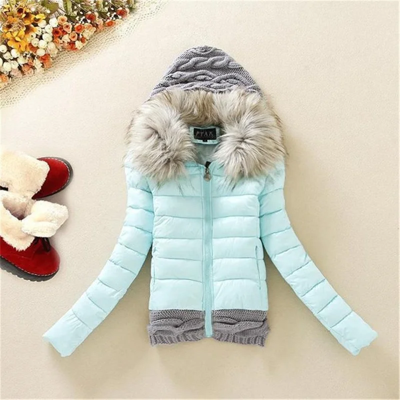 Women Alternative Thickening Down Jacket with Fur Collar Quality Jackets Winter Knitted Patchwork Long Sleeve Overcoat Hooded