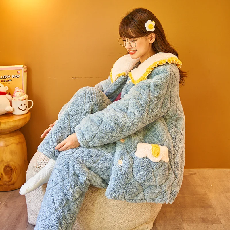 Autumn Winter Flannel Warm Pajamas Set Women Thicker Sweet Homewear Pijama Two Piece Set Sleepwear Suits
