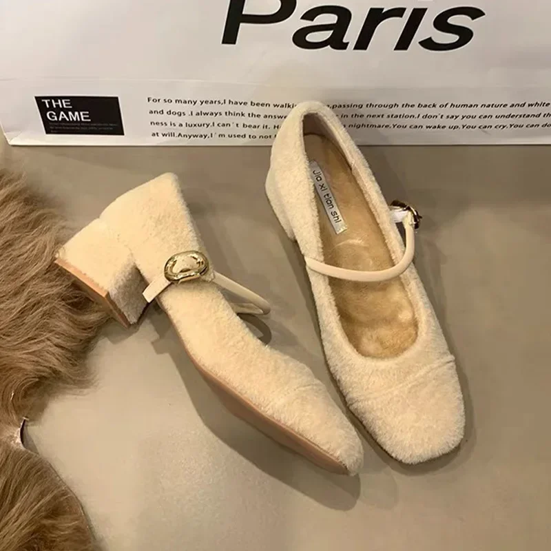 

Square Toe Elegant Women Mary Janes Fur Boots Low Heels Ankle Winter Warm Shoes 2024 New Trend Pumps Fashion Cozy Female Botas
