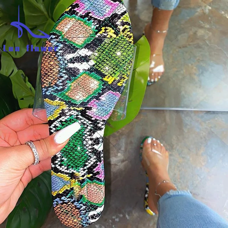 

Flat Slippers for Women Snake Print Beach Vacation Clear Shoes Trendy Cozy Home Slides 2022 New Casual 42 Size Women Shoes T
