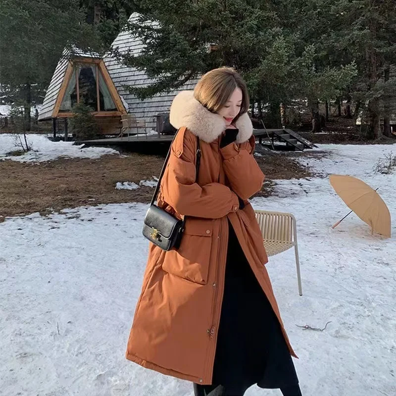 Winter New Big Fur Collar Down Jacket Middle Long Large Pocket Hooded Cotton Padded Jacket