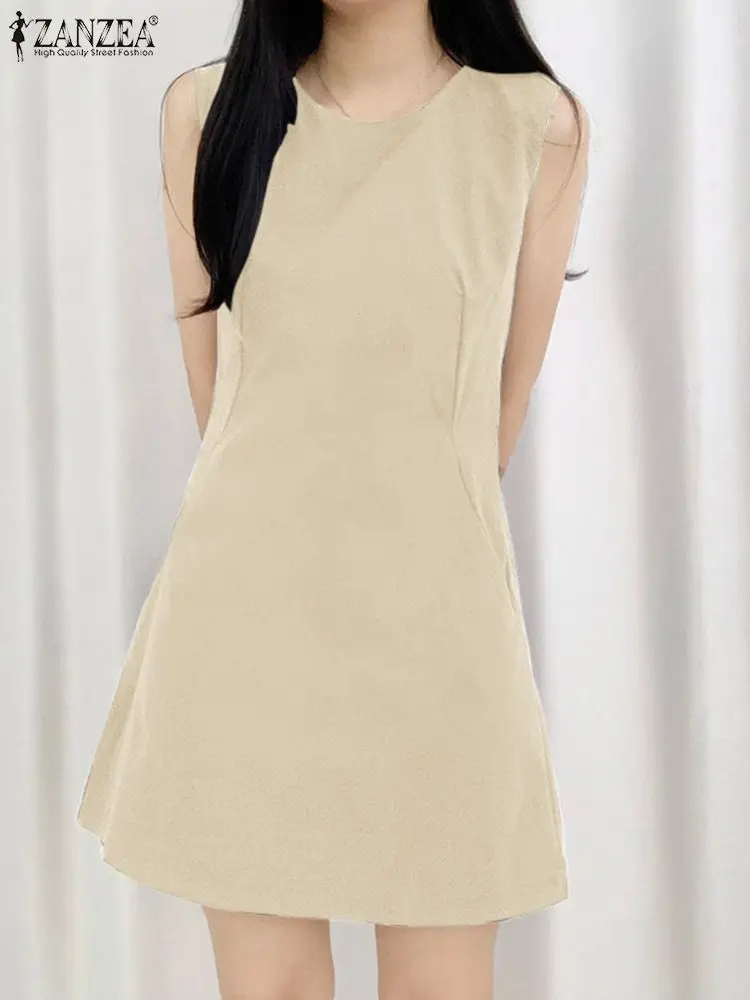

Платье ZANZEA женское повседневное ТРАПЕЦИЕВИДНОЕ, элегантный пляжный Мини Сарафан без рукавов, с круглым вырезом, для офиса и работы, лето 2022