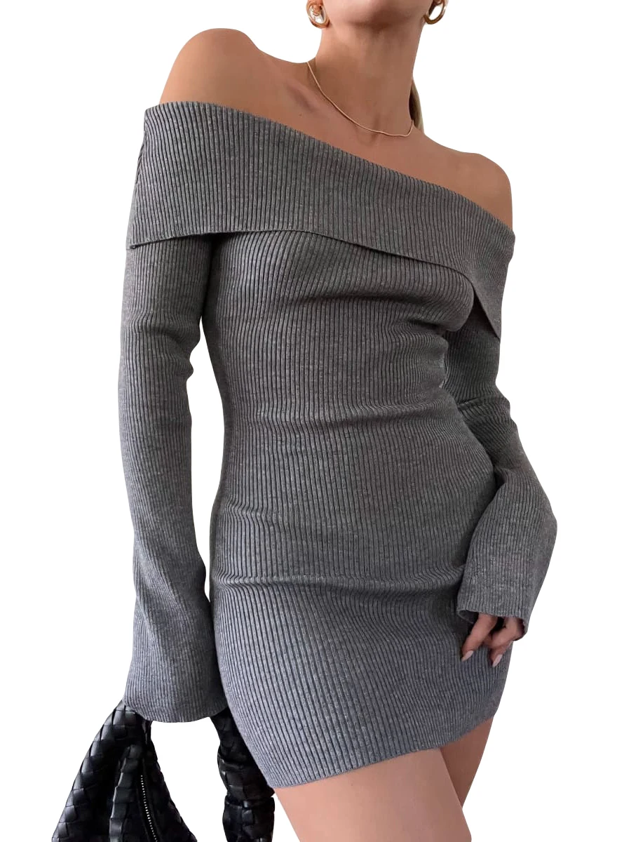 

Women Short Knitted Dress Gray Long Sleeve Off Shoulder Skinny Dress