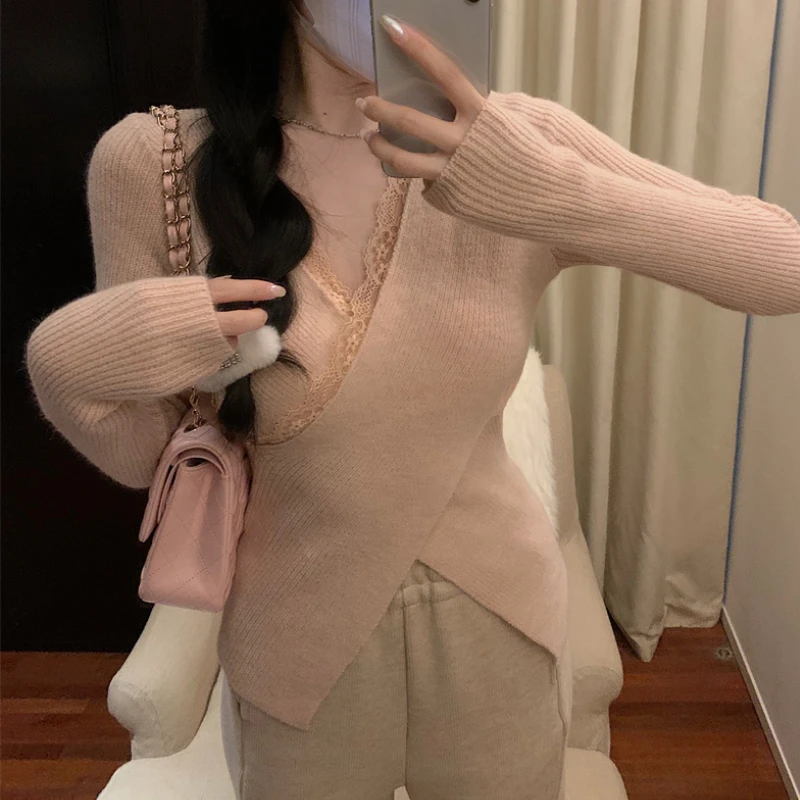 

2023 Winter for Women Korean Style Retro Warm Soft Cashmere Lace Sweater Long-sleeved Slim Knit Pullover Tops