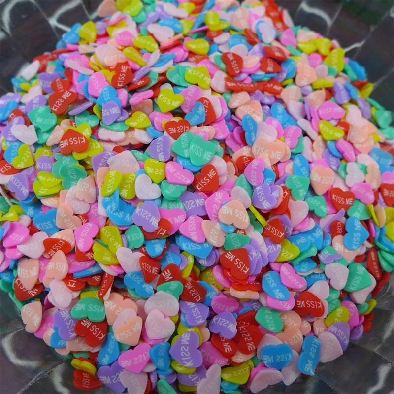 

100pcs Kawaii Soft Pottery Heart Shaped Nail Art Charms Letter Inlaid Jewelry Nail Decorations Mixed Color DIY Nail Accessories