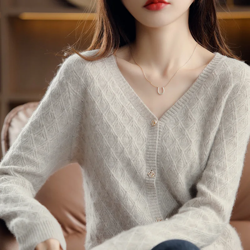 Осень/зима новый женский свитер кардиган из 100% мериносовой шерсти с v-образным