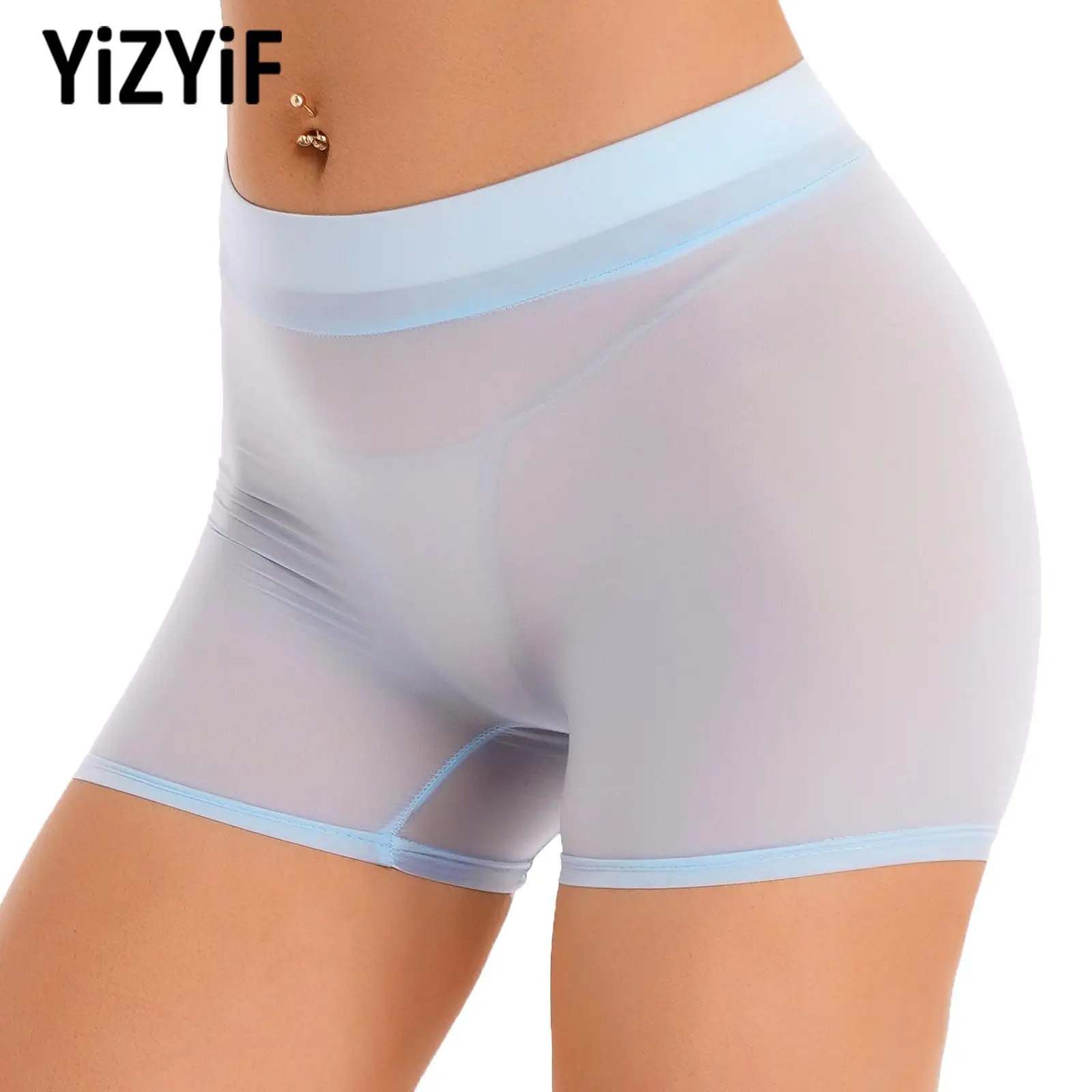 

Womens Low Rise Stretchy Yoga Running Shorts Bottoms Swimwear Glossy Semi See-through Boxer Panties Underwear Lingerie Nightwear