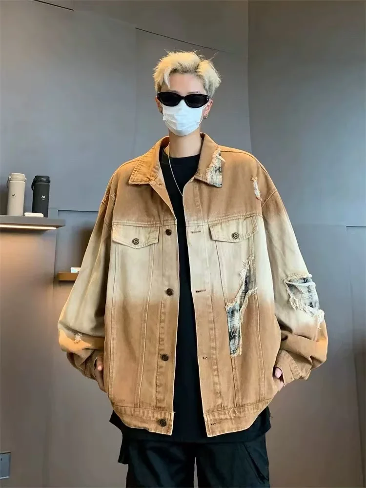 Американское винтажное джинсовое пальто с градиентом цвета в стиле пэчворк и