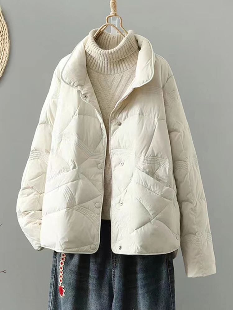 2023 White Duck Down Jackets Women Coat Casual Winter Stand-up Collar Down Jacket Chic Parka New Korean Style Cotton-padded Coat
