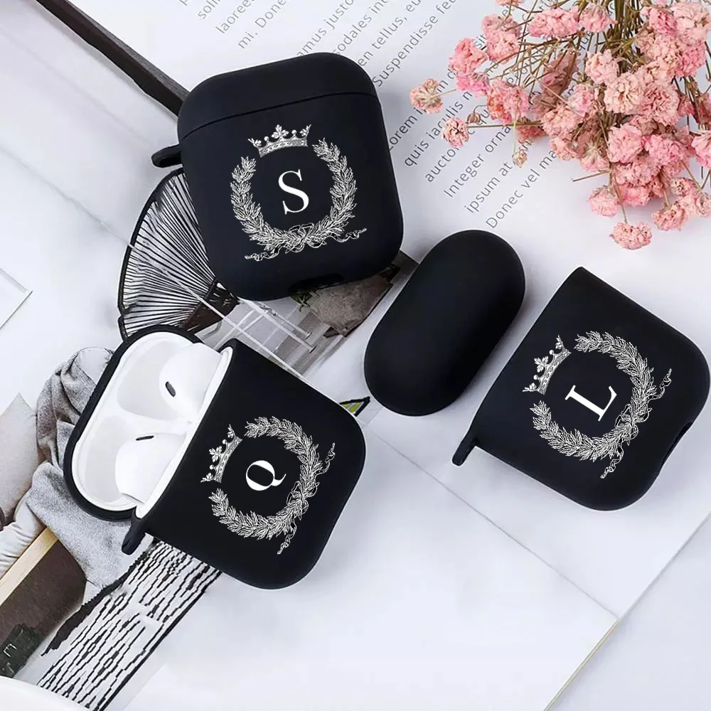 

Official Soft Silicone Case For Apple AirPods 2 1 White Crown Letter Initial alphabet Wireless Earphone Protective Skin Cover