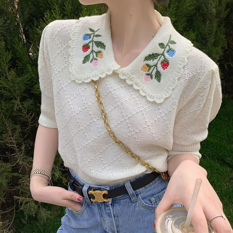 

Romantic Embroidery Peter Pan Collar Knitted T Shirts Sweet Girl Elegant Office Ladies Tops Short Sleeve Summer Japan Kawaii Tee