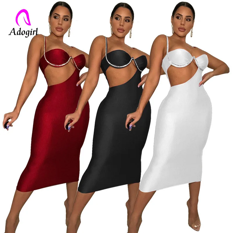 

Crystal Women Midi Dress Off Shoulder Spaghetti Straps Solid Bodycon Dresses 2022 Summer Sexy Backless Night Club Party Vestidos