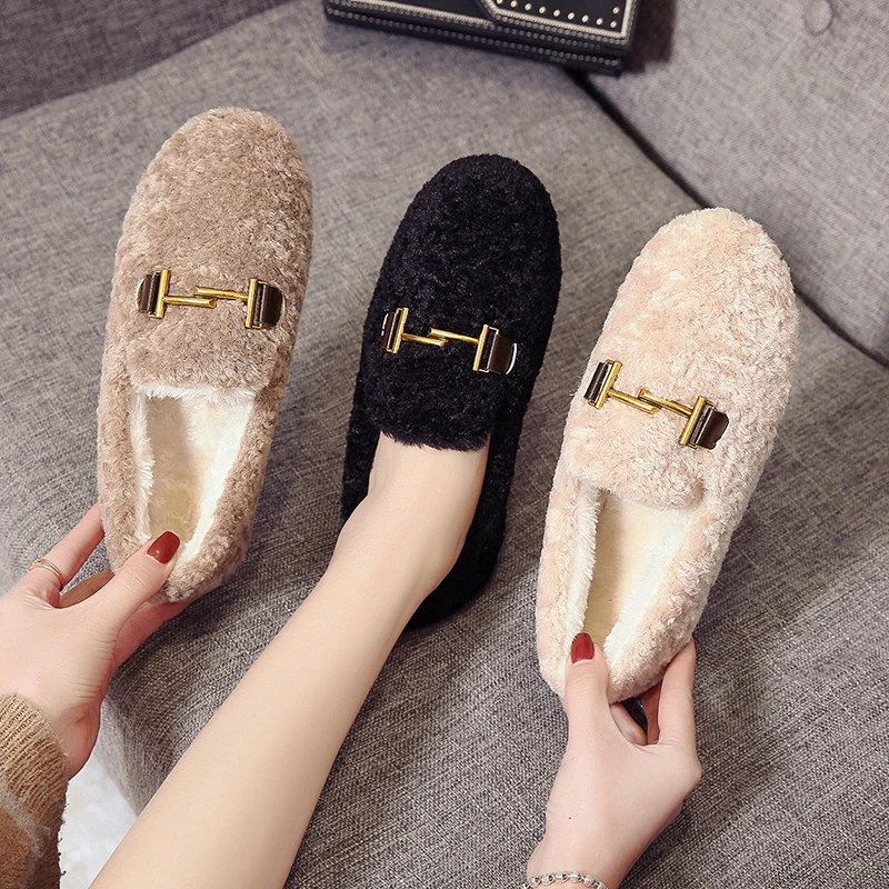 

Metal Decoration Lamb Fur Flats Cotton Slip on Moccasins Shallow Round Toe Loafers 2022 Winter Slippers Curly Furry Women Shoes