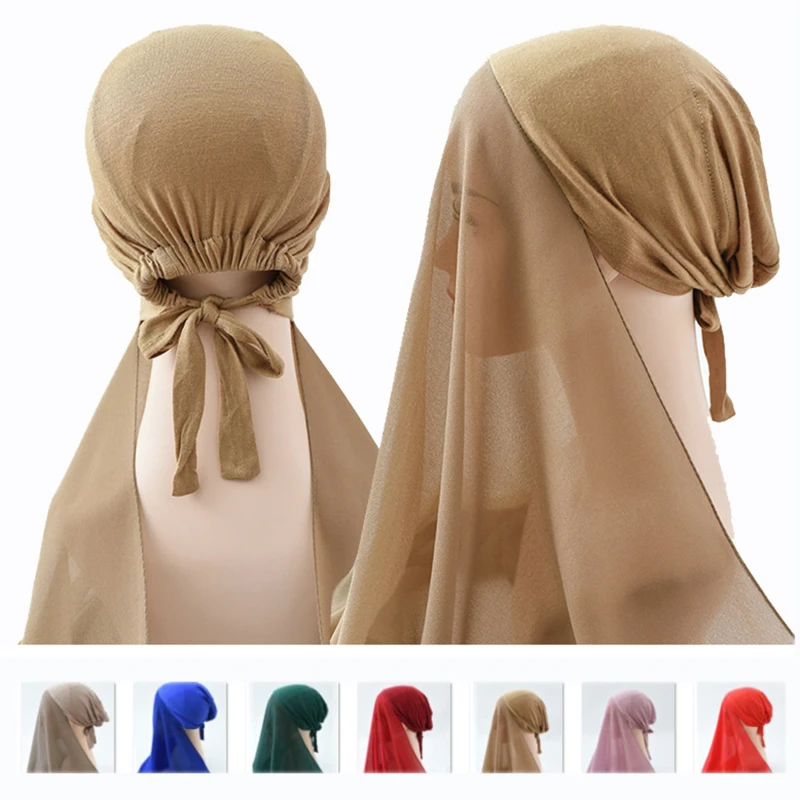 

Muslim Women Bonnet With Rope Chiffon Shawl Convenient Elastic Bandage Underscarf Cap Islam Inner Hijab Cover Head Wrap New