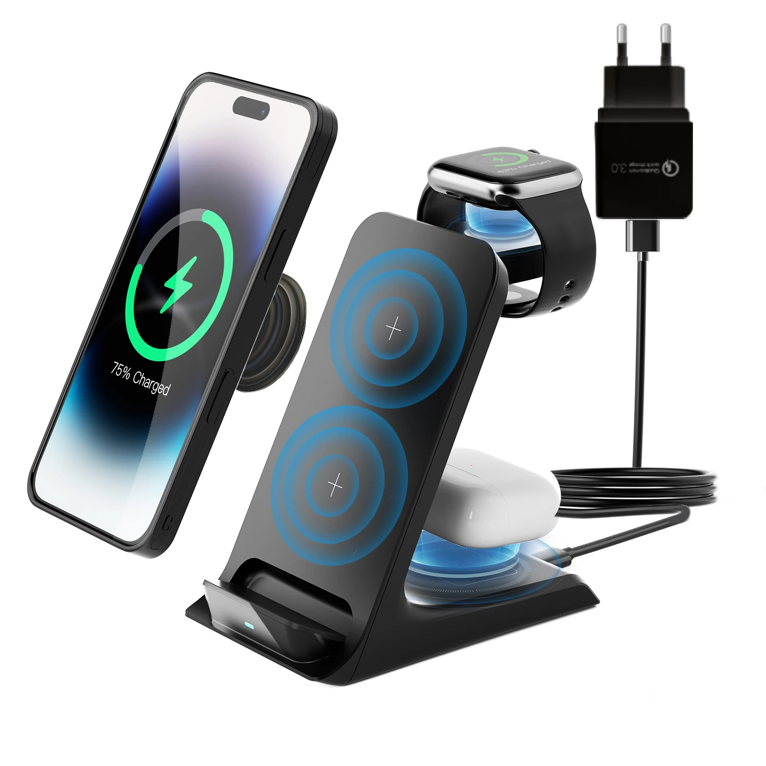 KPON 3 in 1 Wireless Charger Stand For iPhone 14 13 12 11 Apple Watch Ultra 8 7 6 5 Airpods Pro 2 3 Qi 15W Fast Charging Station 1