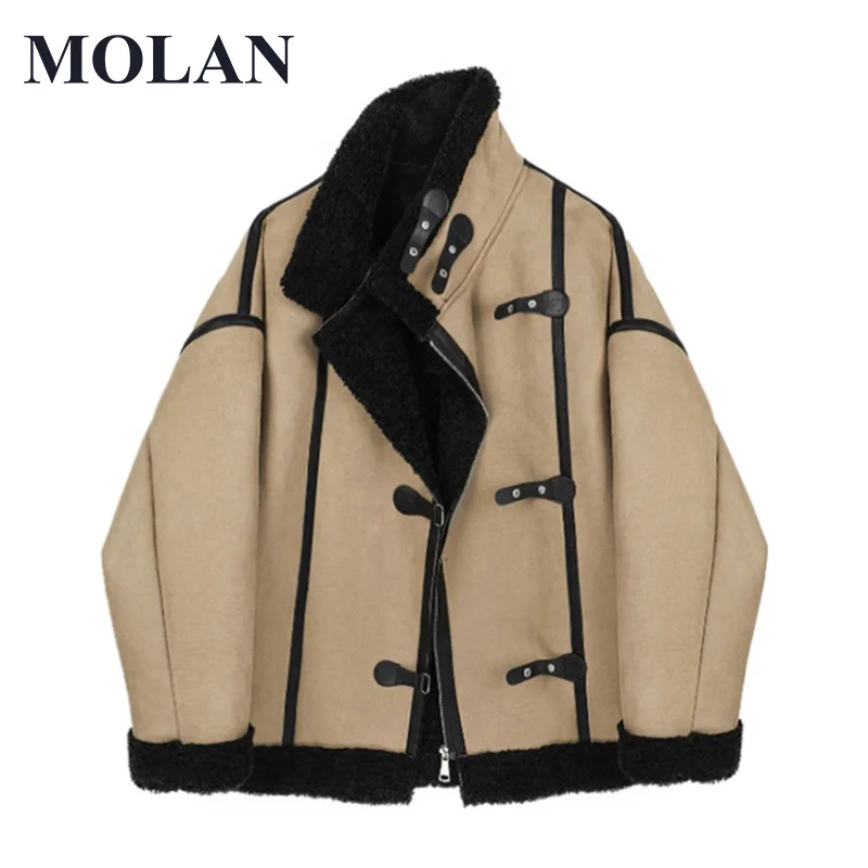 

MOLAN Lambs Wool Woman Overcoat Plus Loose Patchwork Casual Parks Warm Stylish Winter Coat Jacket Button-Up Female Chic Outwear