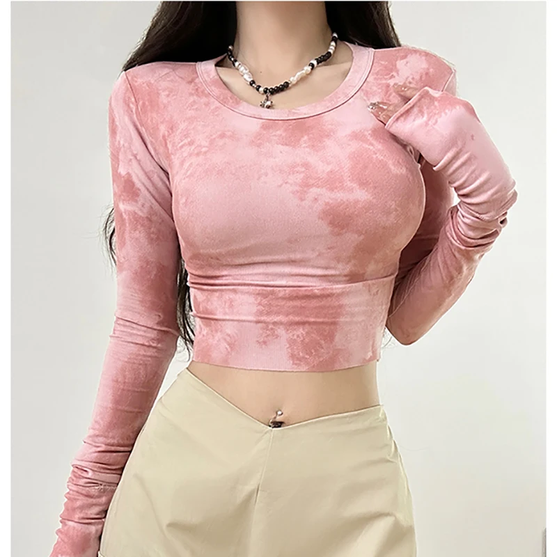 Женская футболка с длинным рукавом круглым вырезом и принтом