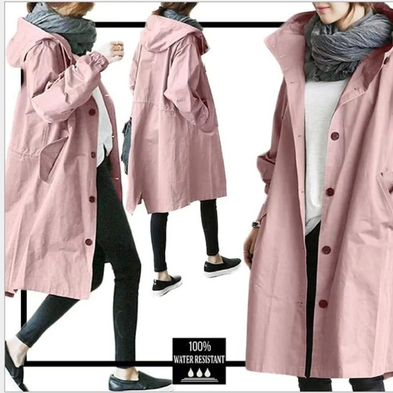 

Autumn Women Solid Color Pocket Hooded Windbreaker Long Trench Coat Office Lady Casual Fashion Outerwear Cloak Female