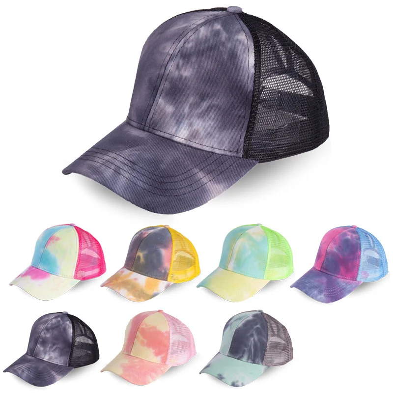 

Fashion Women Tie-Dye Baseball Cap Ponytail Baseball Cap Women Distressed Washed Cotton Trucker Caps Casual Summer Snapback Hat