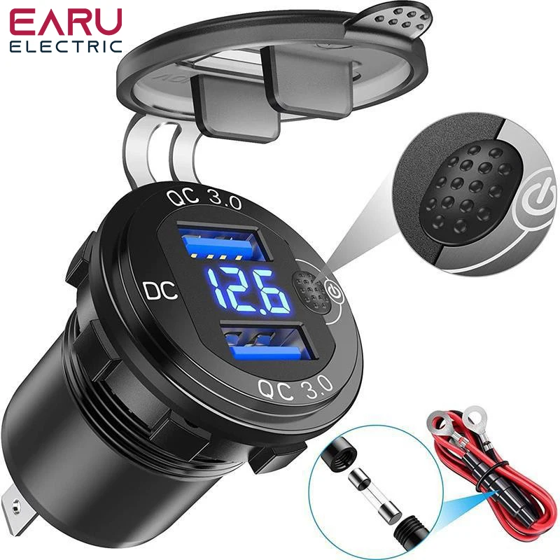 

Quick Charger Aluminum QC3.0 Dual USB Car Charger with Switch Button LED Voltage Display for 12V/24V Cars Boats Motorcycle