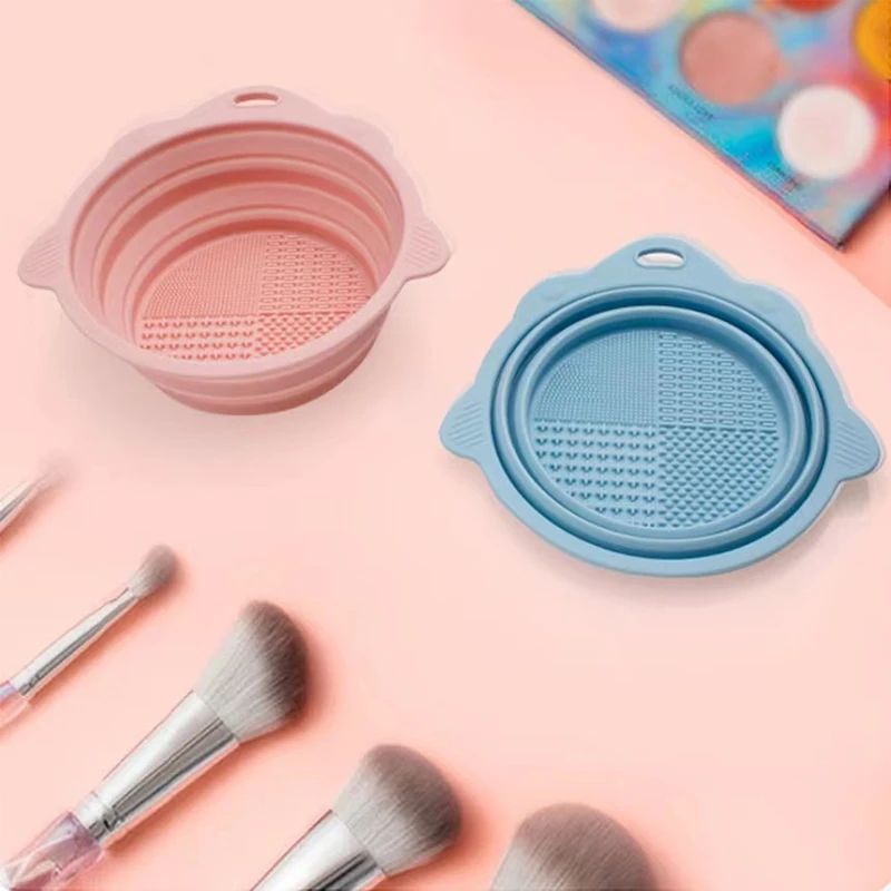 

Multi-functional Silicone Makeup Brush Cleaning Bowl Powder Puff Beauty Washing Scrubber Pad with Folding Brush Holder