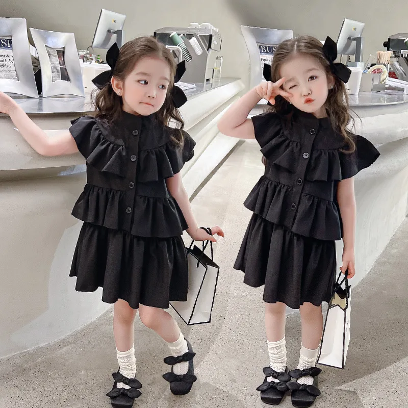 

Summer Girls Princess Cake Dresses For 2-8Yrs Fashion Black Fly Sleeve Party Tutu Dress Vestioes Baby Clothes