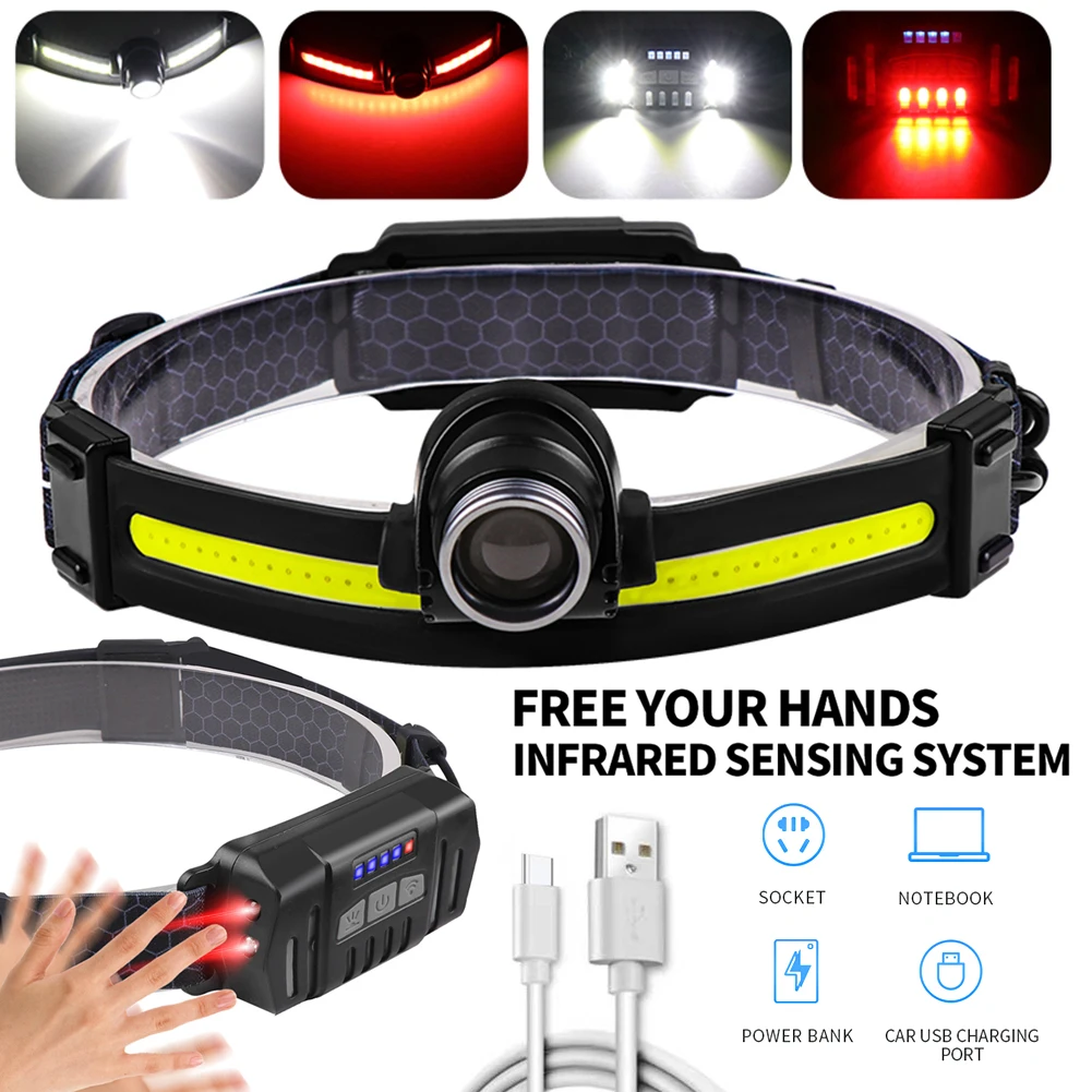 

COB LED Headlamp Sensor Headlight Flashlight 1200mAh Waterproof USB Rechargeable Head Lamp Torch 7 Lighting Modes Work Light