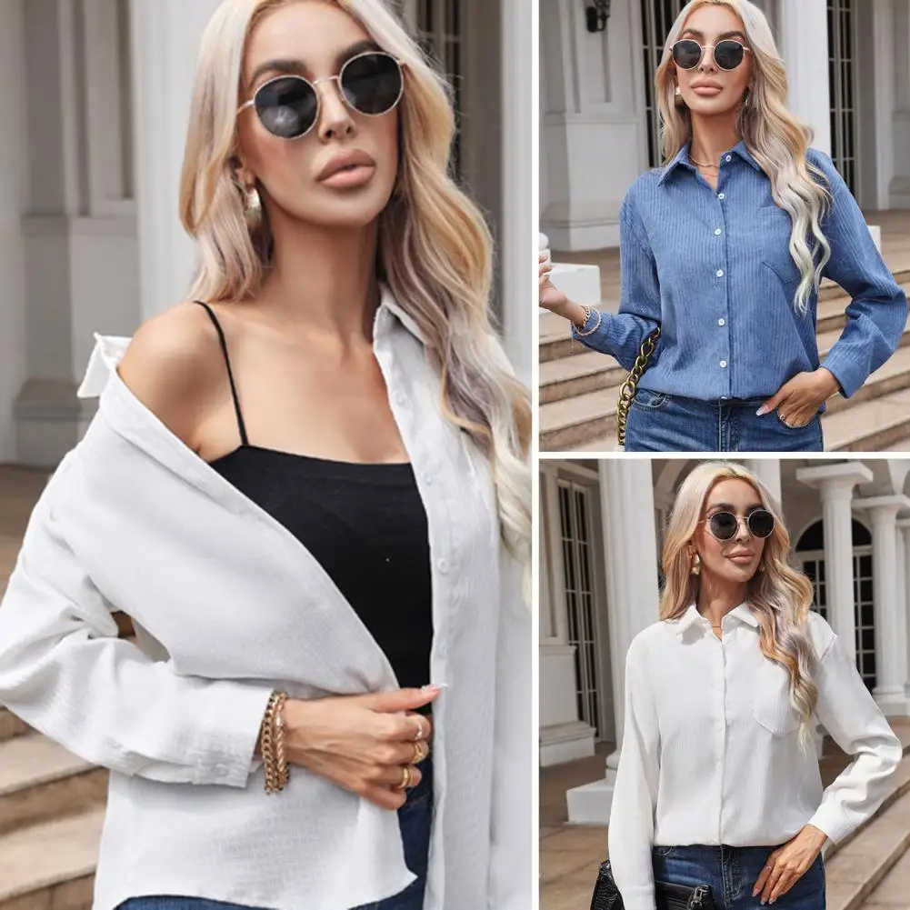 

Lapel Long Sleeve Shirt Tops Chic Women's Striped Print Lapel Shirt Loose Fit Long Sleeve Single Breasted Streetwear for Spring
