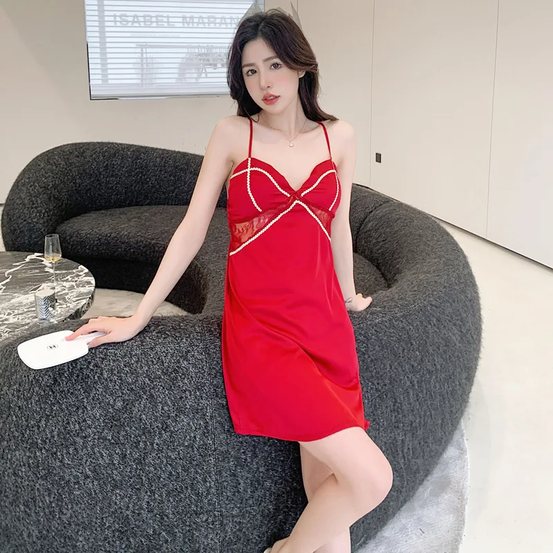 

Burgundy Sexy Hollow Out Spaghetti Strap Nightgown Female V-Neck Mini Nightdress Seduction Intimate Home Dress Tempt Sleepwear