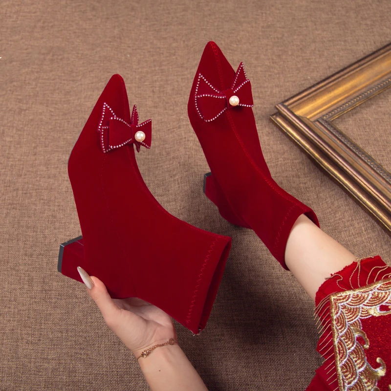 Красные женские ботильоны зимняя обувь женская 2024 туфли-лодочки до щиколотки на