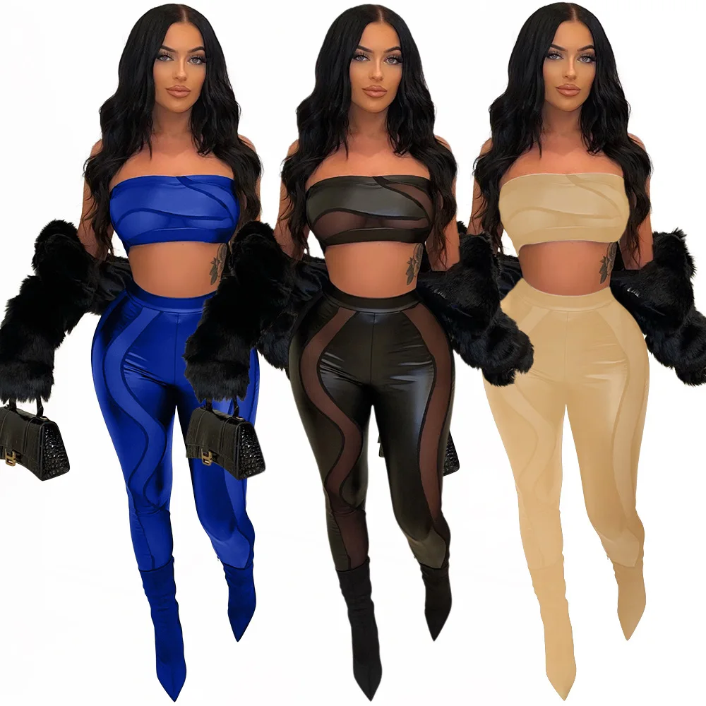 

Off Shoulder Women Two Piece Set Summer Nightclub Party Sexy Wrap Chest + Skinny Trousers Sleeveless See Through Stitching Suit