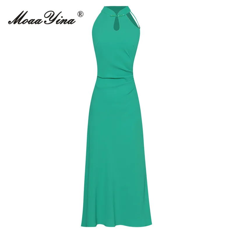 

MoaaYina Summer Fashion Runway Green Elegant Party Dress Women's Stand Collar Beading Button Package Buttocks Slim Long Dress