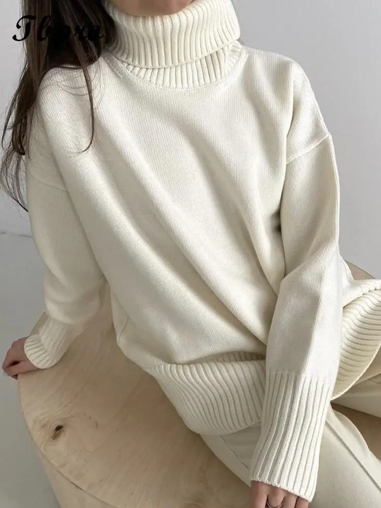 

2023 New Loose Solid Turtleneck Knit Pullover Women Fashion Long Sleeve Thick Sweater Autumn Winter Casual Lady Warm Clothing