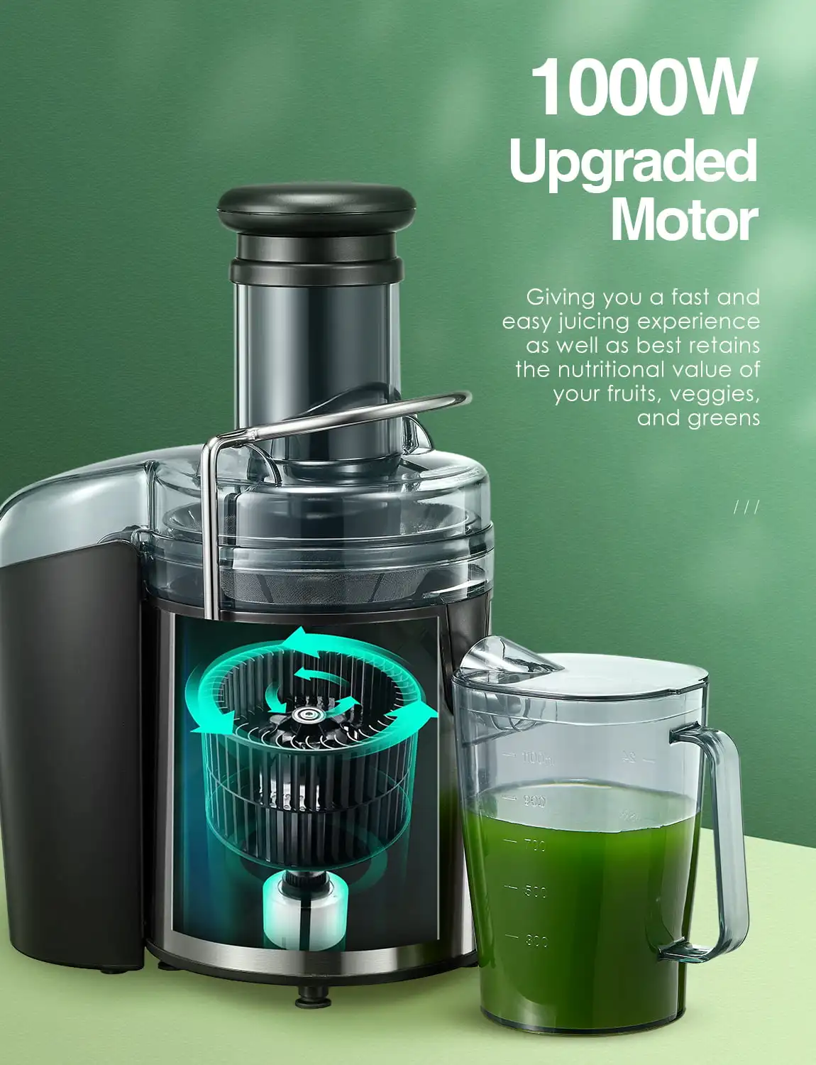 

Juicer, 1000W Juice Extractor Fruit Vegetable, Stainless Steel