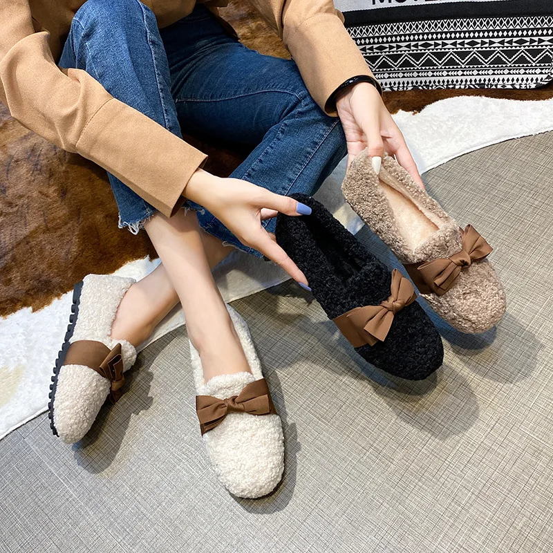 Woman Curly Fur Flats Silk Bow Plush Cotton Loafers Fleece Lambswool Moccasins Femmes Furry Boots Winter Warm White Wool Shoes